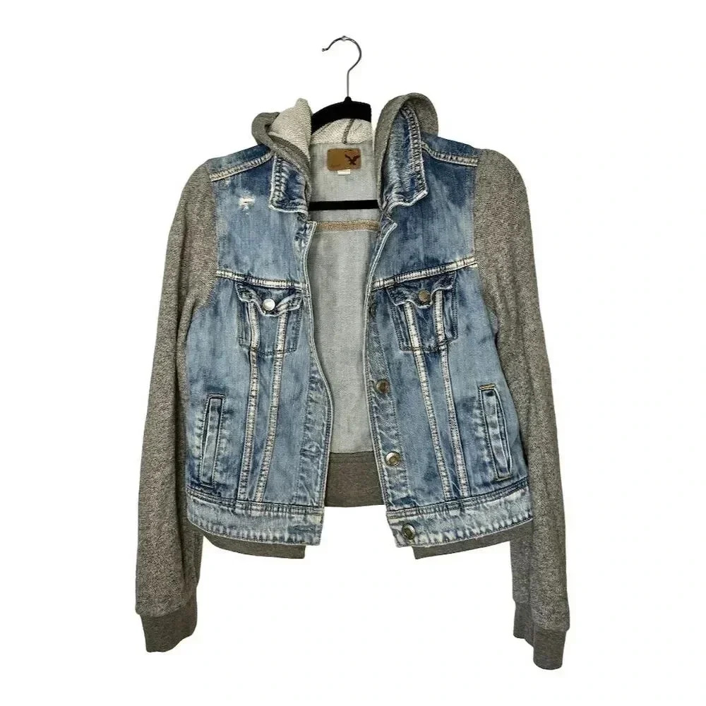 Women’s Light Blue Denim & Gray Hooded Jacket